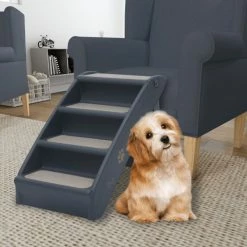VIDAXL Hundetreppe Mit 4 Stufen Klappbar Dunkelgrau